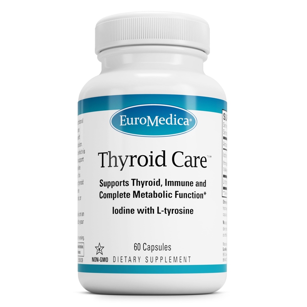 EuroMedica tiroide Care - Formula di supporto per la salute e l'energia immunitaria - Supplemento nutrizionale con iodio per il sostegno alla salute tiroide - Integratore benessere con L-Tyrosine - 60 capsule