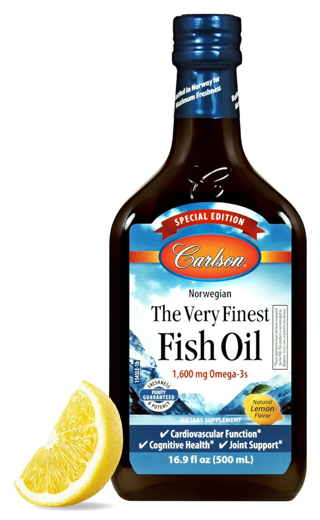 Carlson - L'Olio di Pesce Molto Finest, Edizione Speciale, 1600 mg Omega-3s, Supplemento Liquido, Olio di Pesce Norvegese, Wild-Caught, Liquido Sostenibilmente Source, Limone, 500 mL (16.9 Fl Oz)