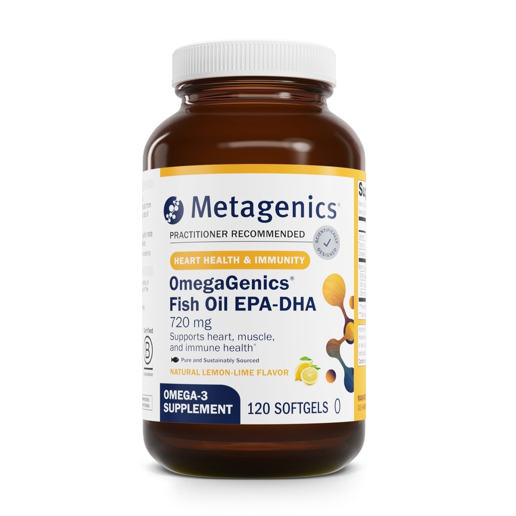 Metagenics OmegaGenics Fish Oil EPA-DHA 720 mg - Omega-3 Fish Oil Supplement - Alta potenza - per la salute del cuore, la salute muscoloscheletrica e la salute del sistema immunitario* - con DHA & EPA - 120 Softgels