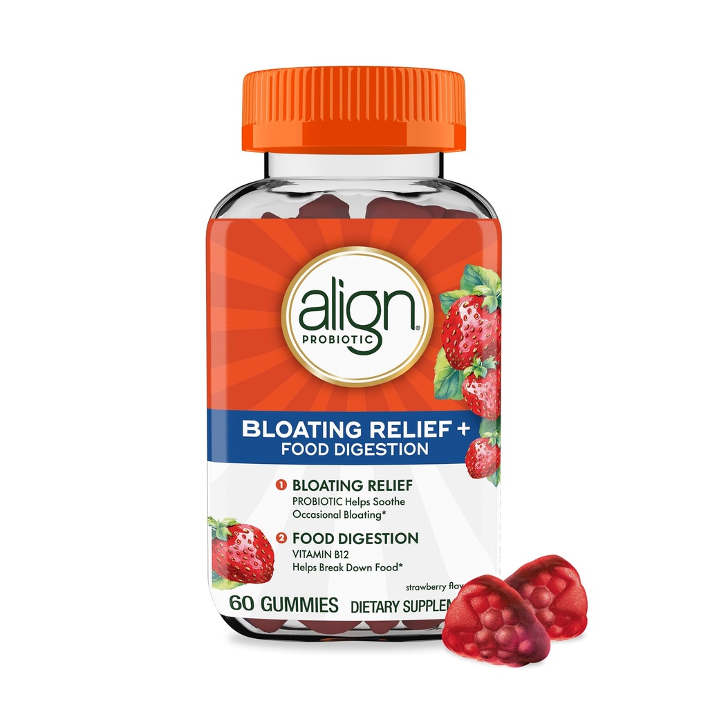 Allineare Probiotico, Bloating Relief + Digestione alimentare, Probiotici per le donne e gli uomini, Probiotico aiuta Soothe Bloating occasionale*, Con Vitamina B12 per aiutare a rompere il cibo in energia cellulare*,60 Gummies