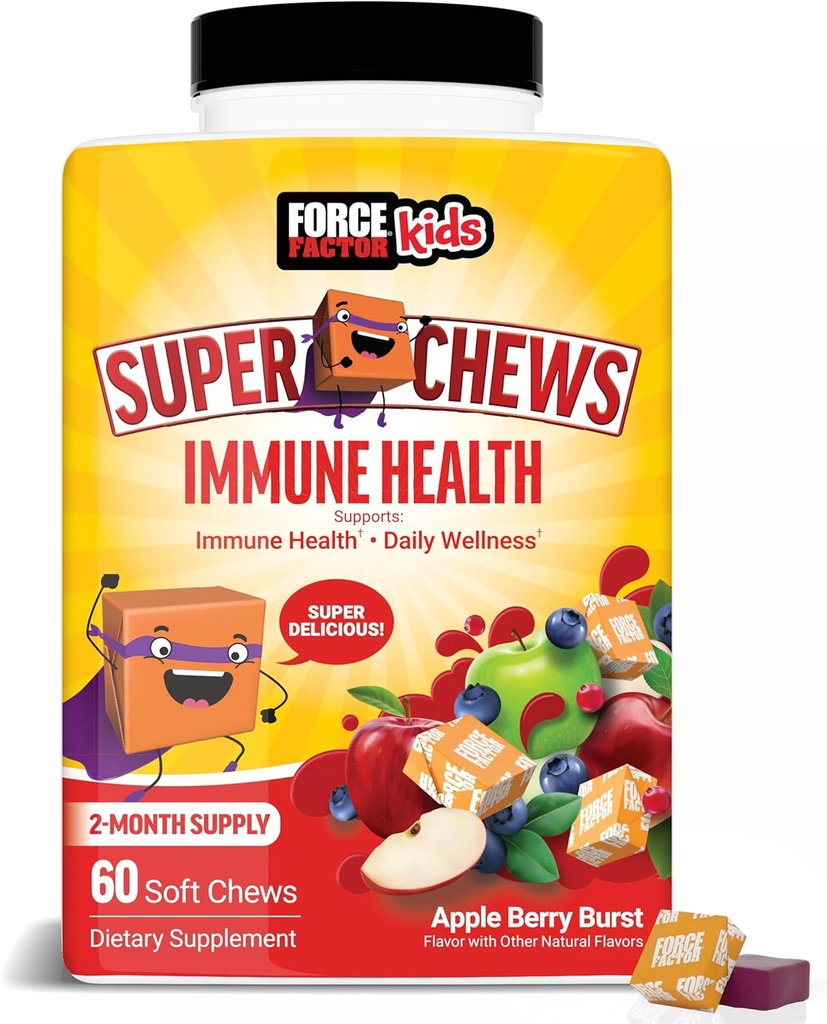 FORCE FACTOR Kids Immune Health Super Chews, Kids Integratore di supporto immunitario con vitamina D per bambini, Elderberry, Vitamina C, & Zinc, Alimentazione 2-Month, Non-OGM, Aroma di bacche di mele, 60 Soft Chews