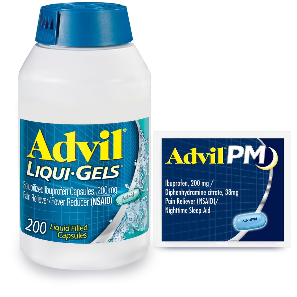 Advil Liqui-Gels Pain Reliever e Fever Riduttore, Medicina del dolore per gli adulti con Ibuprofen 200mg per Mal di testa, Backache, Dolore mestruale e sollievo del dolore comune - 200 capsule, Advil PM Ibuprofen - 2 Ct