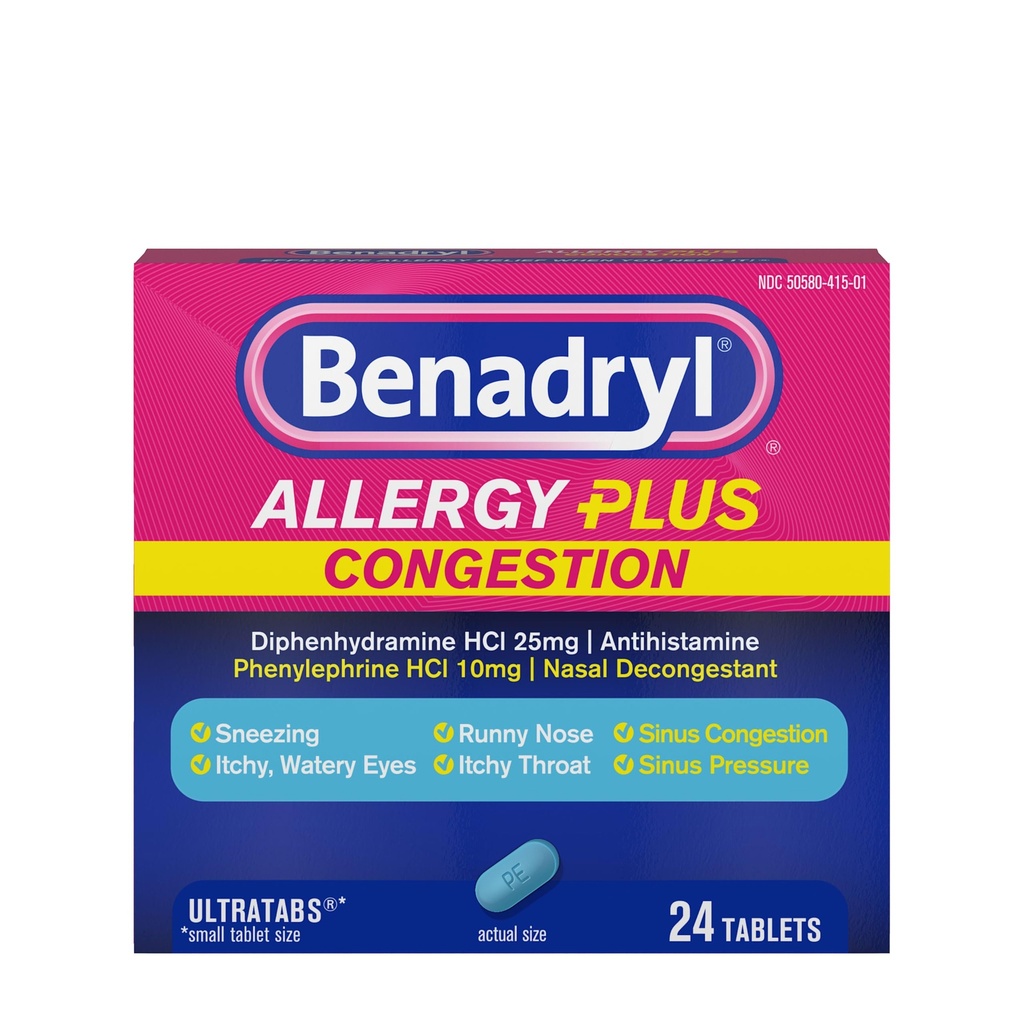 Benadryl Allergy Plus Congestion Ultratabs, Medicina con Difenidramina HCl Antistamina & Phenylephrine HCl Decongestant nasale, Allergy & Sinus Congestion Relief Tablets, 24 ct