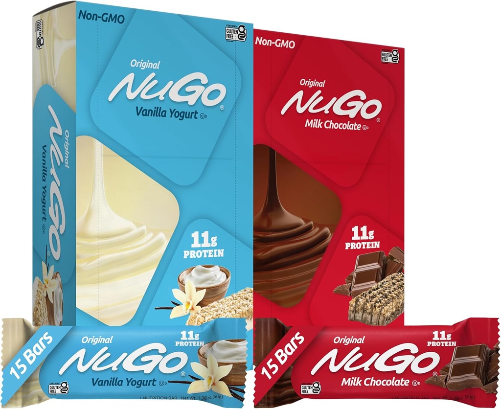 NuGo Varietà originale, Vanilla Yogurt 15 bar & Chocolate 15 barre, 11g Protein, Gluten Free, 30 Conte