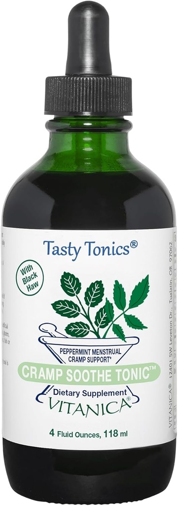 Vitanica Cramp Soothe Tonic, Dr Formulated Menstrual Cramp Support, con Black Haw Bark, Valerian Root, Ginger Root, and Garrya Herb, Alcohol Free, Vegan, 4 Ounce- Pro Logo