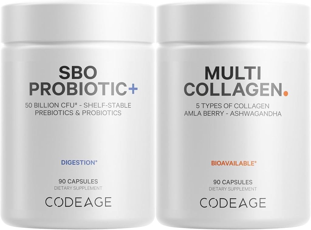 Codeage Multi Collagen Protein Capsule 5 tipi, Ashwagandha Withania Somnifera & Organic Amla Berry + SBO Probiotic Blend 50 miliardi CFU Bundle, Lactobacillus Plantarum, Bacillus Subtilis, Non OGM