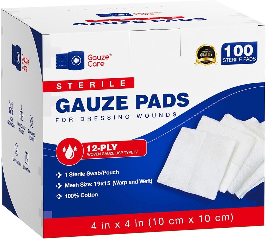 100pc Large Sterile Gauze Pads 4x4 Sterile for Wounds Bulk - 12ply Woven Gauze Sponges 4x4 Sterile - USP IV Mesh traspirante 4x4 Gauze Pad Sterile for Enhanced Absorption - First Aid Medical