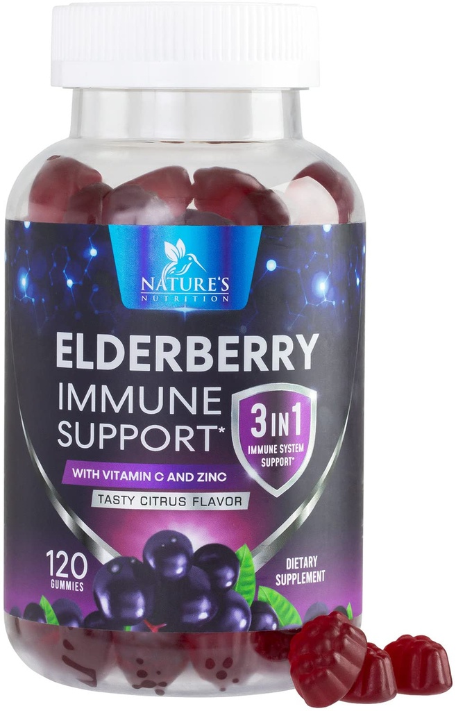 Gummie di sambuco con vitamina C, D3 e zinco - Gomma di supporto immunitario per bambini e adulti, Estratto di sambuco nero Integratore di supporto per la salute immune, Vitamina di bacca di sambuco nero - 120 Gummies