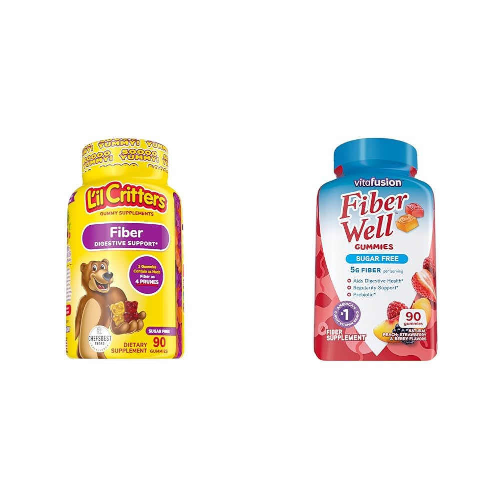 L’il Critters Fiber Daily Gummy Supplement per bambini, per il supporto digestivo & Vitafusion Fiber Well Sugar Free Fiber Supplement, Peach, Strawberry and BlackBerry Flavored Supplements, 90 Count