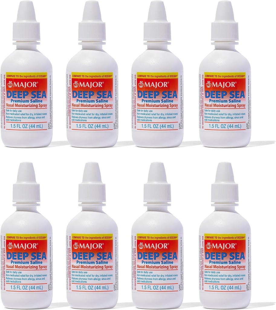 MAJOR Deep Sea Premium Saline - Spruzzo idratante nasale per l'asciugatura e l'irrigazione sollievo - Cloruro di sodio 0.65% - 1,5 Fl Oz (8 Pack)