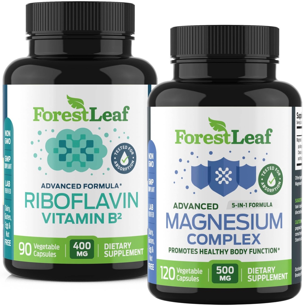 ForestLeaf Riboflavin & Magnesium Migraine Supplemento - Riboflavin 400mg per Headache Relief - Ultimate Magnesium Bundle con B2 Vitamin 400mg per Headache Migraine Relief Capsule