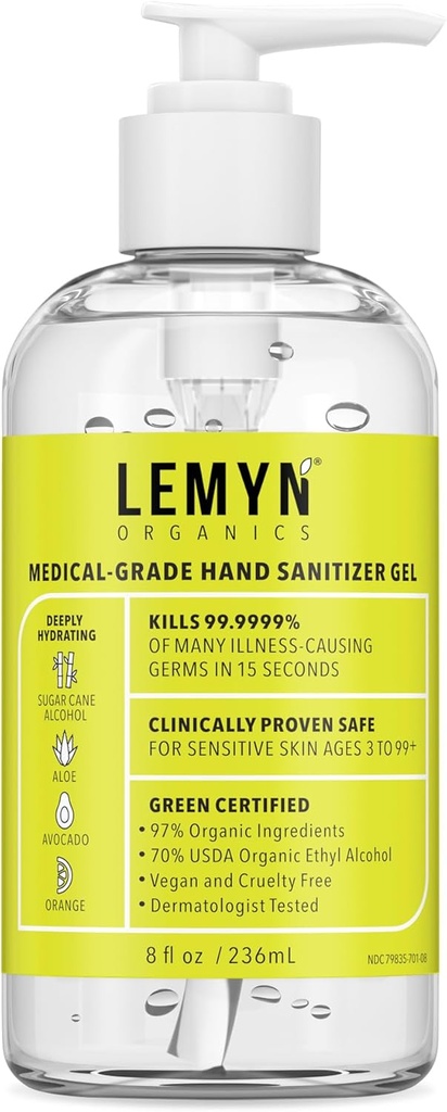 Gel Sanitario Medico-Grade – 97 % Organico | 70 % USP Ethyl Alcohol | Aloe idratante + Acido Ialuronico | appena fatto in USA | Bottiglia 8oz con pompa