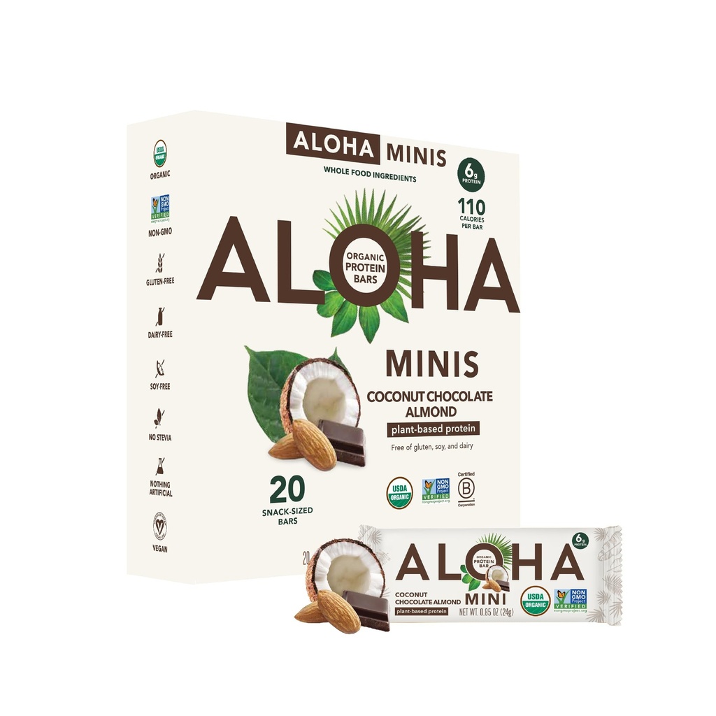 ALOHA Organic Plant Based Protein Bar MINIS |Coconut Chocolate Almond | 20 Count, 24g Bar | Vegan, Low Sugar, Gluten Free, Paleo, Low Carb, Non-GMO, Stevia Free, Soy Free, No Sugar Alcohols