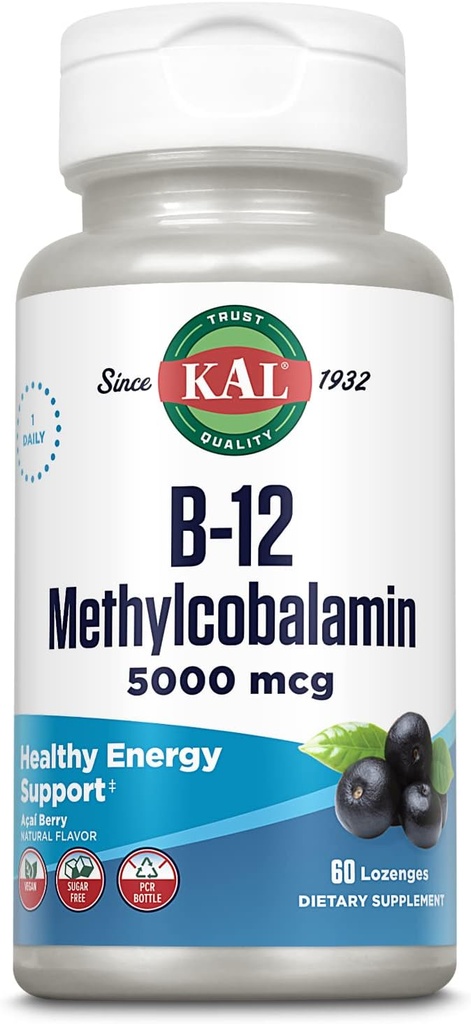 KAL Vitamina B-12 Methylcobalamin Lozenges 5000mcg, Energia sana, Metabolismo, Nerve & Red Blood Cell Support, * Assorbimento ottimale, Natural Acai Flavor, Vegan, Sugar Free, 60 Serve, 60 Lozenges