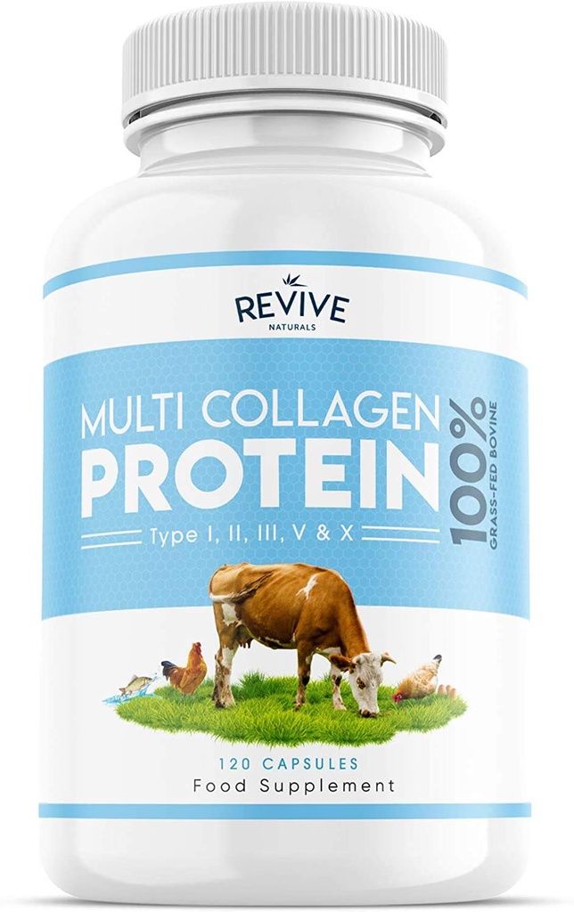 Revive Naturals Multi Collagen Protein Capsules - Tipi I, II, III, V & X - Grasso Idrolizzato Fed Bovine, Selvatico Caught Marine & Pollo Free-Range, Realizzato con Acido Ialuronico & Vitamina C, 120 Caps