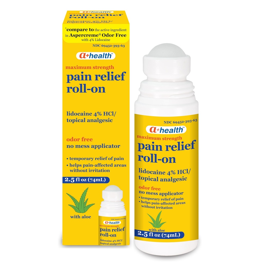 A+Health Pain Relief Roll-On Liquid, Lidocaina 4%, Odor Free, Massima resistenza Dolore + Itch Rilievo con Aloe, Made in USA, 2.5 fl Ounces