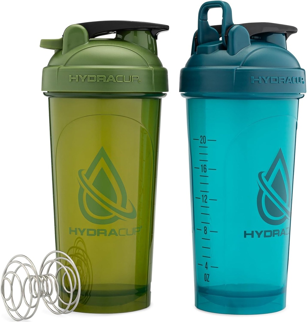 Hydra Cup ProFlow [2 Pack] 28 oz Shaker Bottiglie per Protein Shakes, Shaker Cups con Ball Blender Whisk, Shaker Bottiglia con maniglia, Viaggi To Go, BPA Free (Green & Blue, 2 Pack)