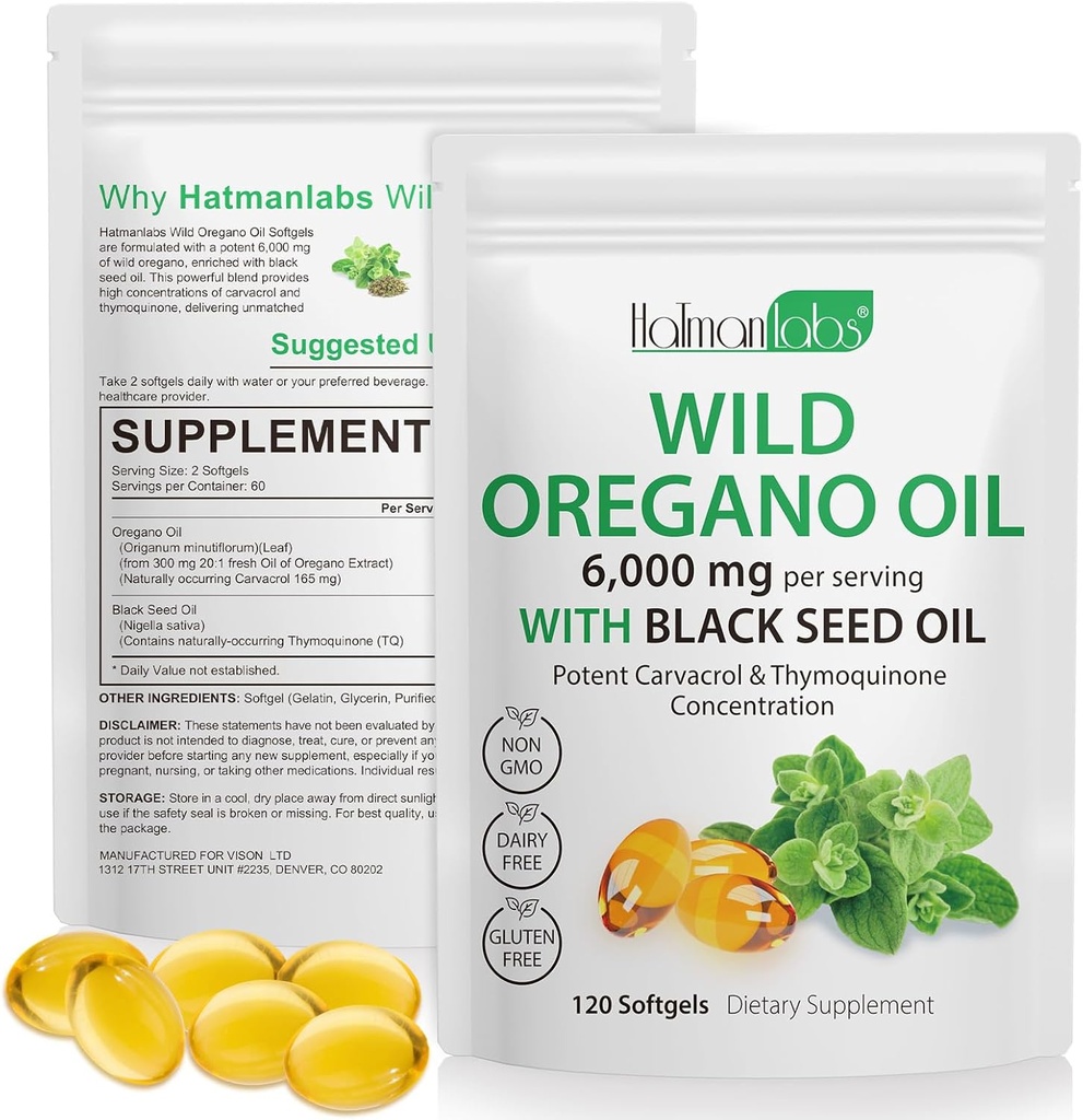Olio di origano Capsule - Ingredienti Olio di Oregano Softgels - 2 in 1 6000mg Olio di origano con olio di semi neri 200mg - Alto Carvacrol & Thymoquinone per il supporto immunitario