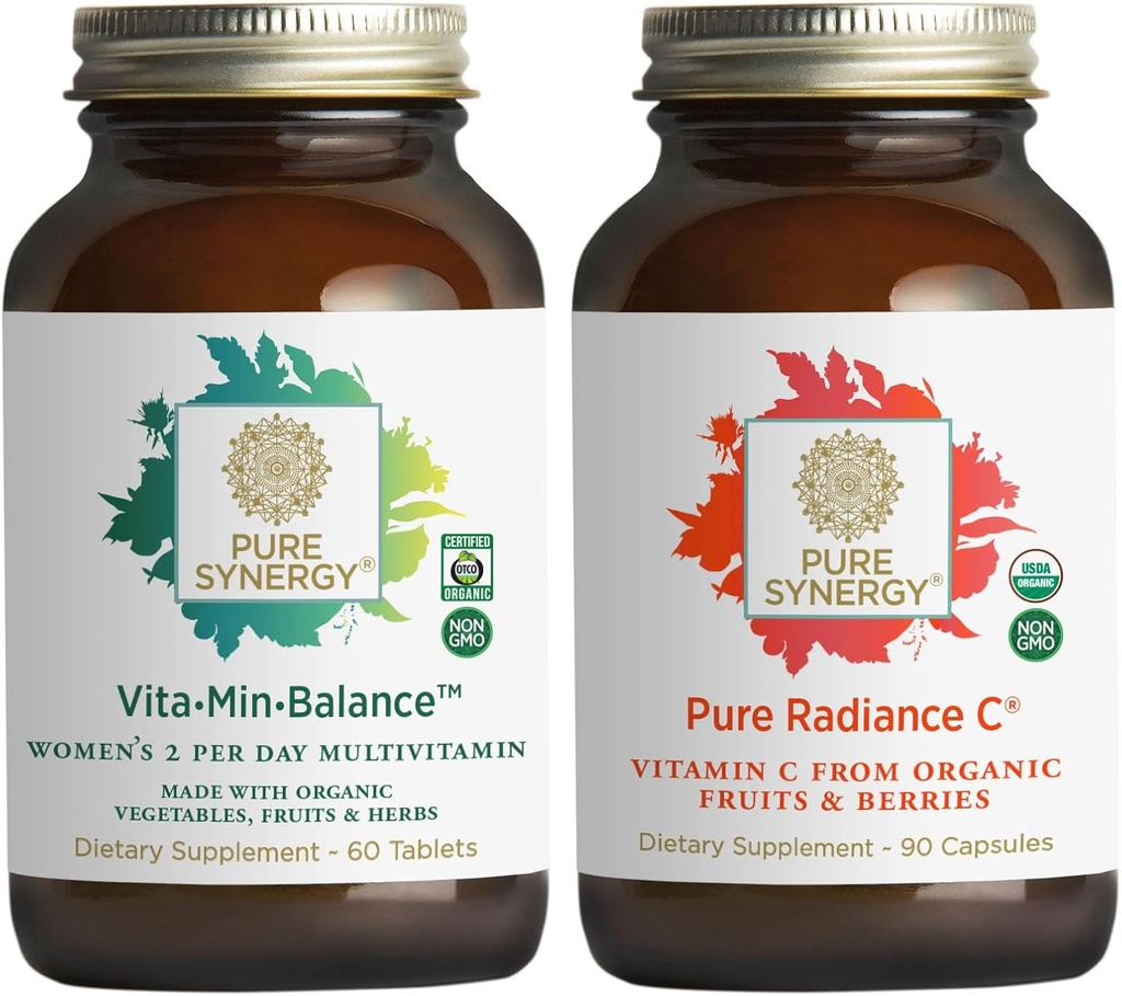PURE SYNERGY Multivitamin, Stress e Energy Essentials Bundle | Cibo intero Multi con Adaptogens | Vitamina Naturale C Integratore Immune e Pelle | Vegan, Non OGM e Ingredienti organici