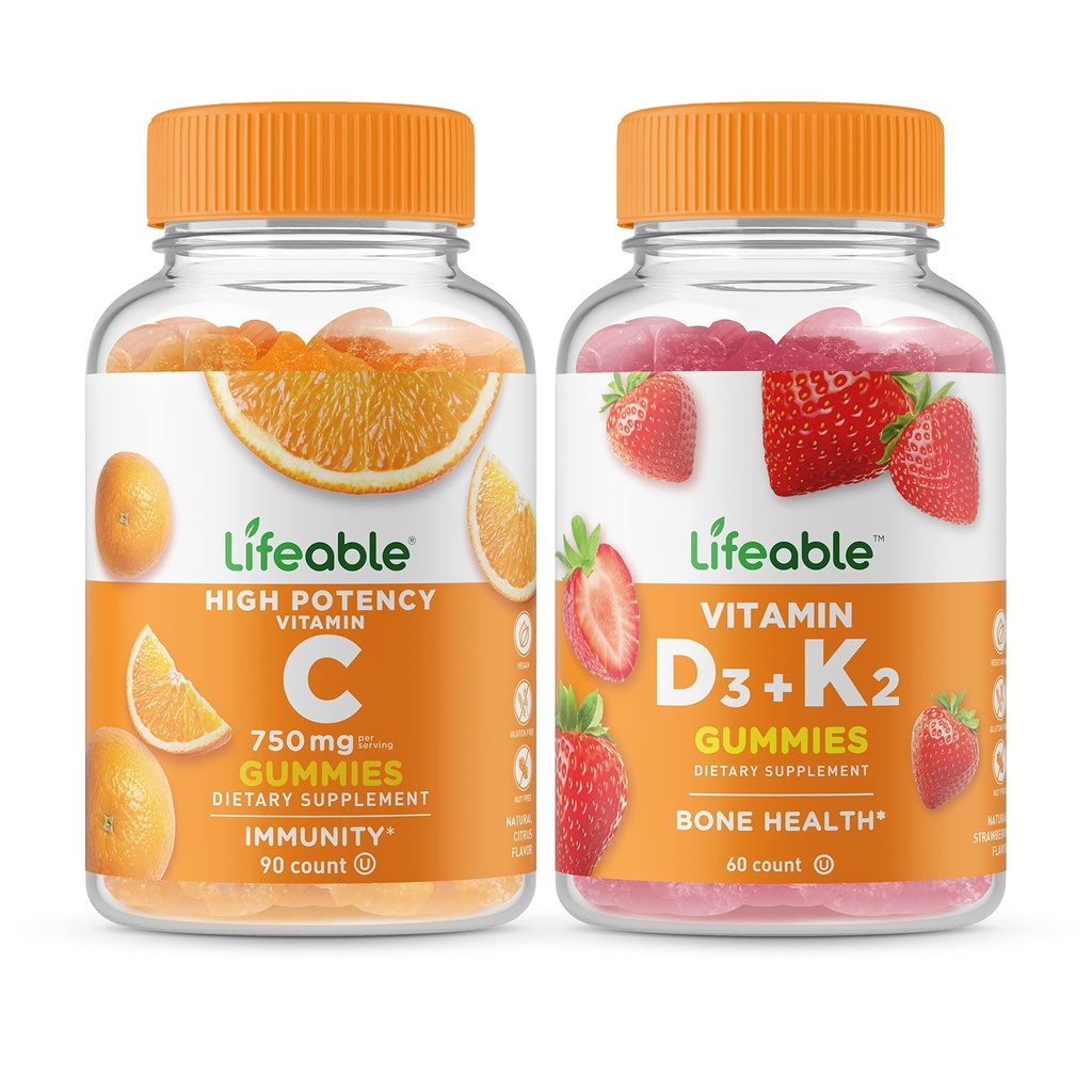 Vitamina C 750mg + Vitamina D3 + Vitamina K2, Gummies Bundle - Grande Degustazione, Supplemento di vitamina, Senza glutine, OGM libero, pancia masticabile