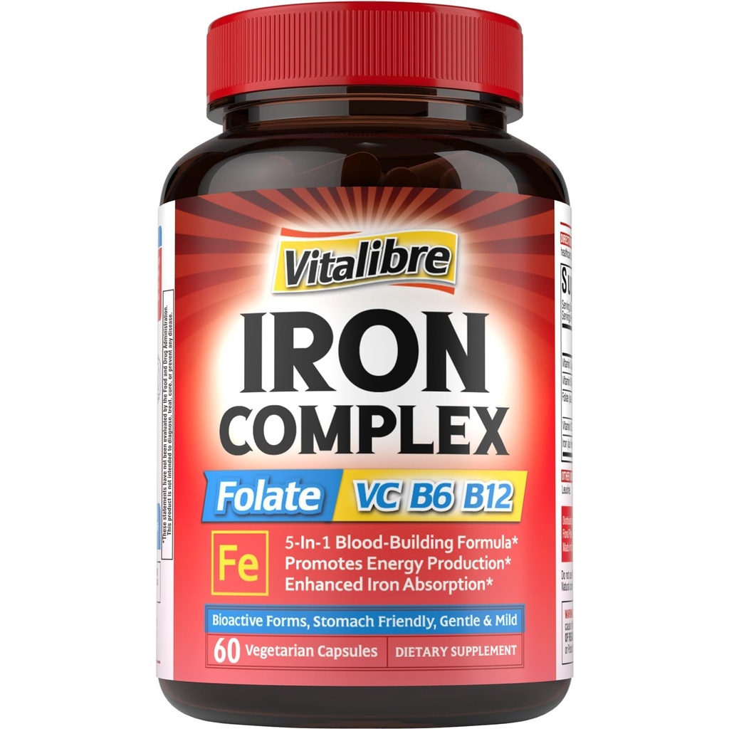 Supplemento di ferro per le donne e gli uomini, con le vitamine C, B6, B12 & Folate per la carenza di ferro, la costruzione del sangue & il supporto energetico, amichevole di stomaco, migliore assorbimento, non OGM, senza glutine, 60 tappi vegani