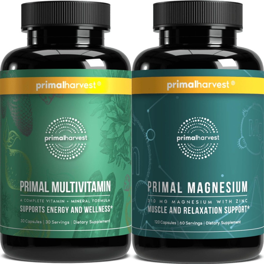 Integratori Primal Harvest Multivitamin & Magnesio per le donne e gli uomini capsule di vitamina Multi e pillole di glicinato di magnesio Bundle