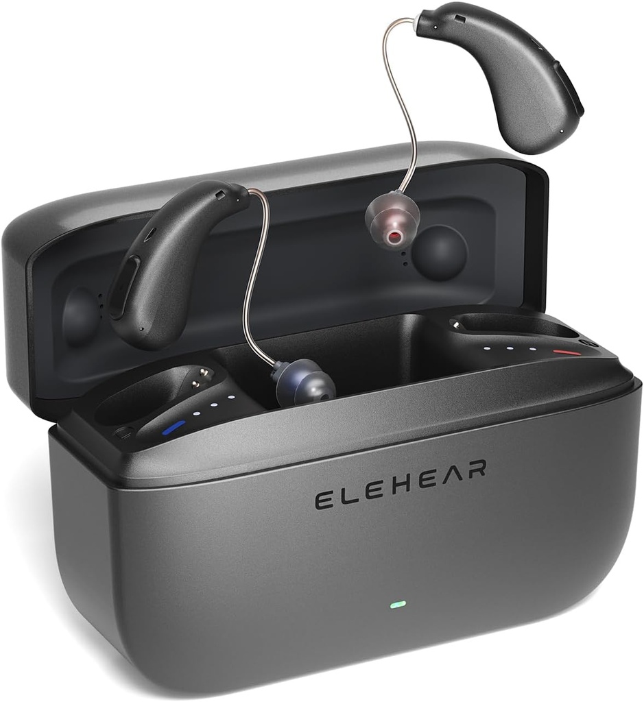 Alpha Hearing Aids, AI Noise Cancellation OTC Hearing Aids for Seniors & Adults, Super Clear Sound, Long-Lasting Battery Operated Rechargeable Hearing Aid, 4 Modalità, Metallic Dark Grey
