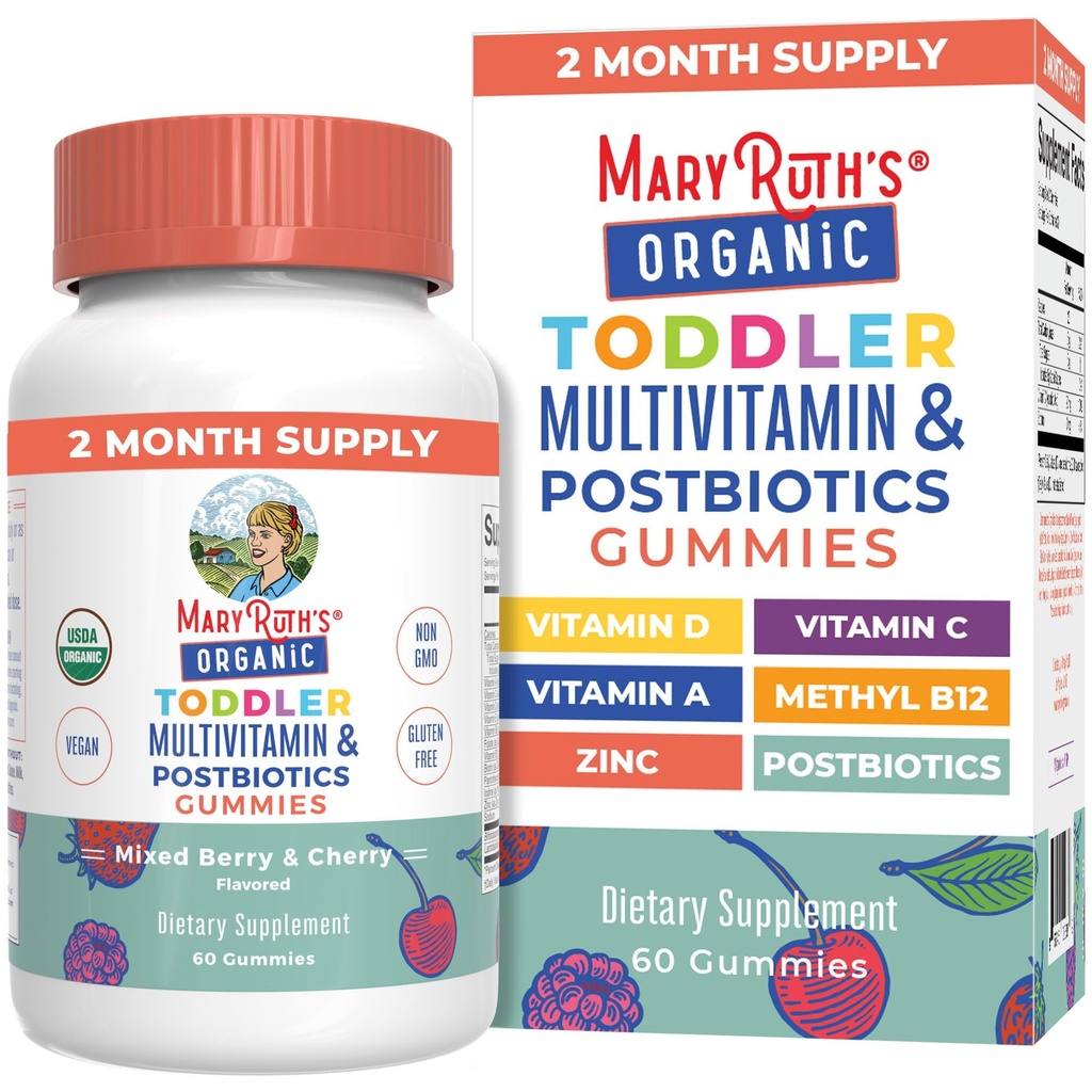 MaryRuth Organics Toddler Multivitamin Gummies + Postbiotics | USDA Organic | Vitamine per bambini Età 2+ | Supporto immunitario | Vitamina C | Vitamina D3 | Vitamina A | Zinc | Vegan | Non OGM | 60 Serve