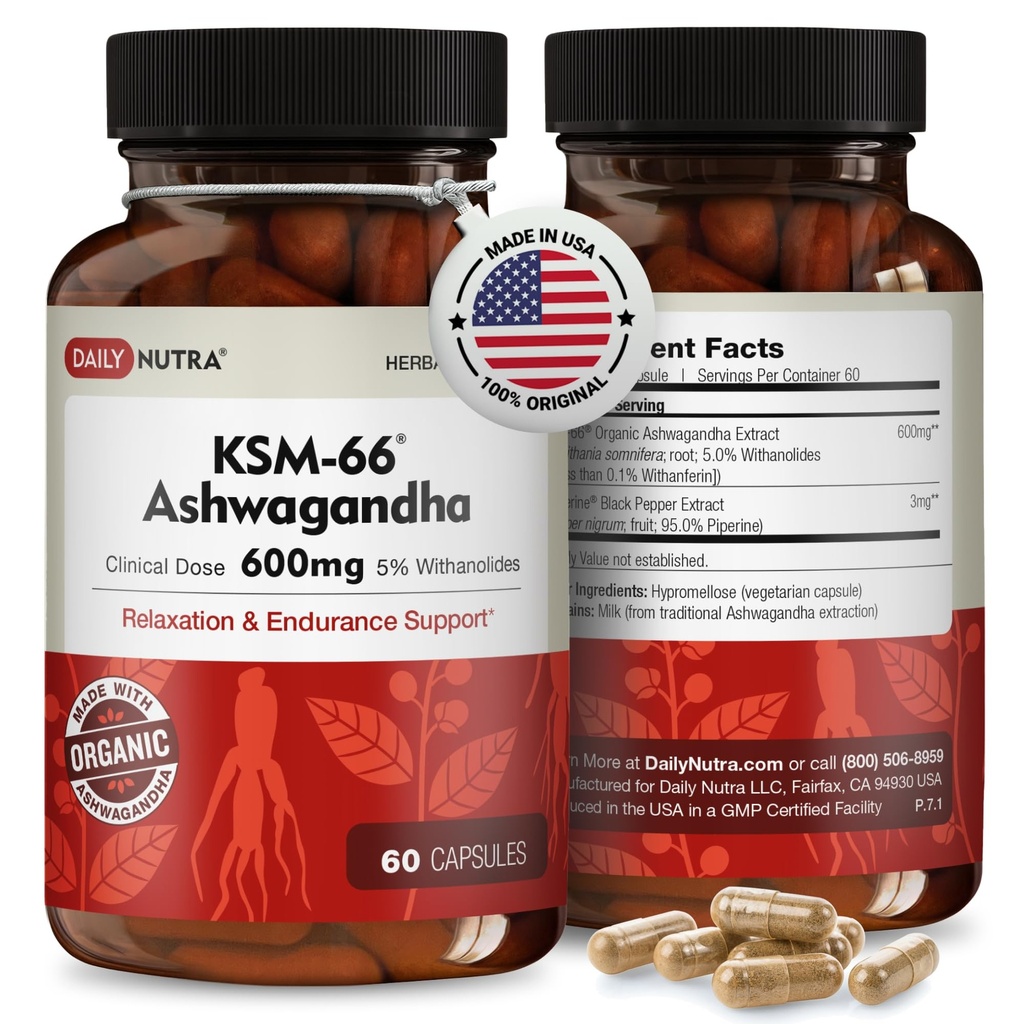 QuotidianoNutra KSM-66 Ashwagandha 600mg Estratto di radice organica - Supplemento ad alta potenza con 5% Withanolides | Allevia la stanchezza, Supporta il rilassamento, la messa a fuoco, l'energia e la crescita muscolare (60 capsule)