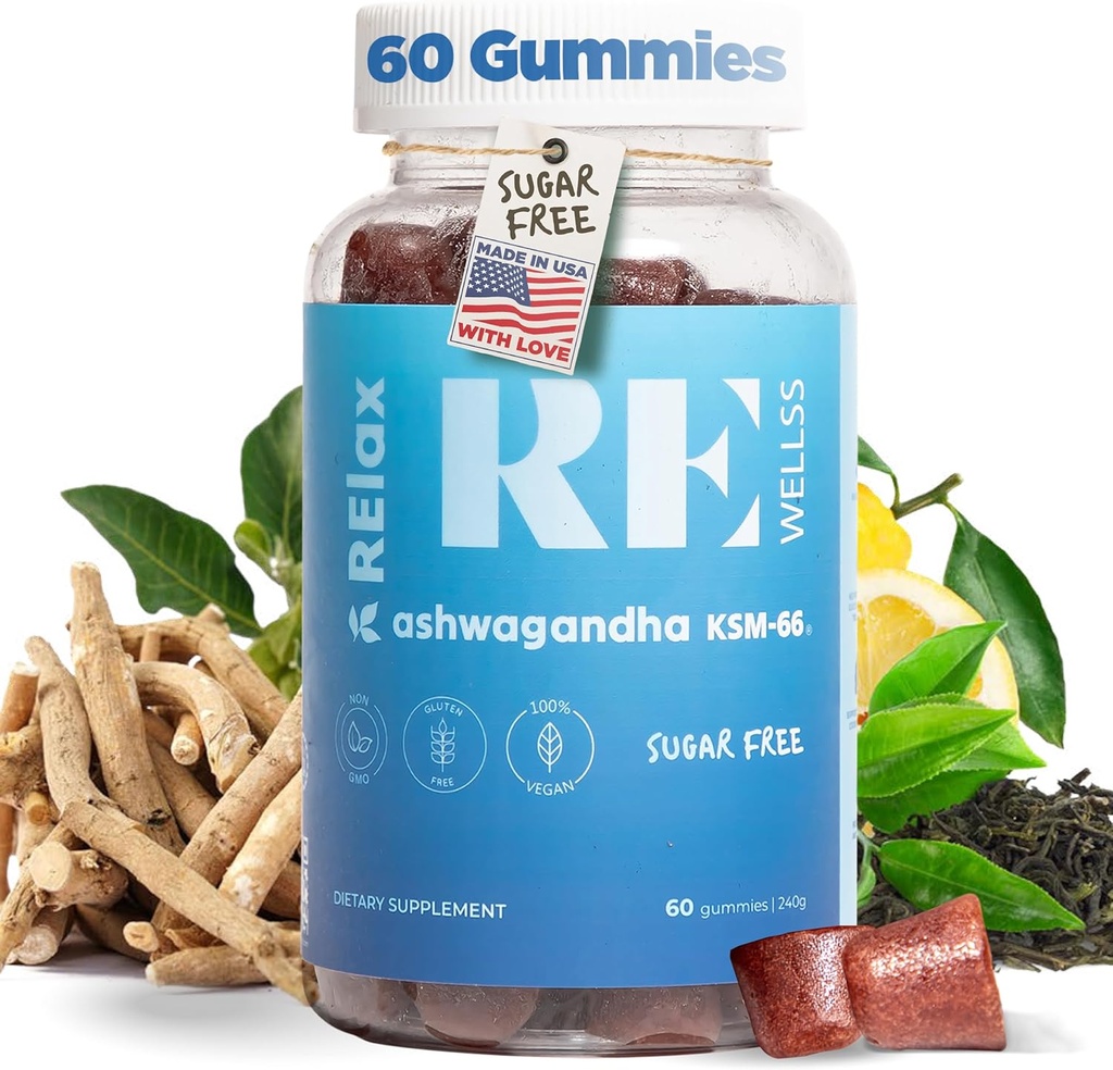 Ashwagandha & Vitamina D Gummies | Integratori dietetici | KSM 66 Ashwagandha per il supporto di calma 300mg | L-teanina Lemon Balm | Natural Herbal Non-GMO Sugar Free Gluten Gelatin Free | 1 Pack