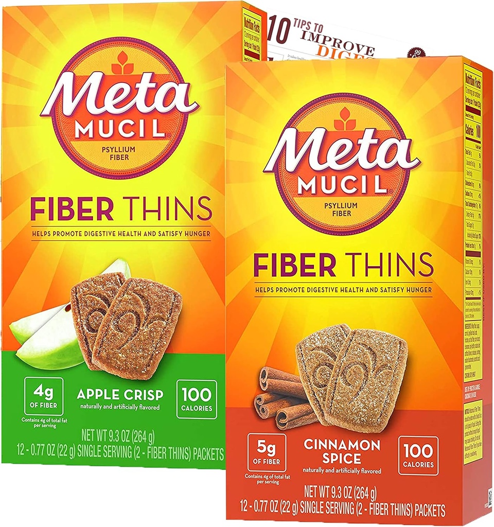 Metamucil Fiber Thins Fiber Supplemento con Bleam Digestive Health Support Tip Card Psyllium Fiber Barre - 12CT Apple Crisp & 12CT Cinnamon Spice - Set
