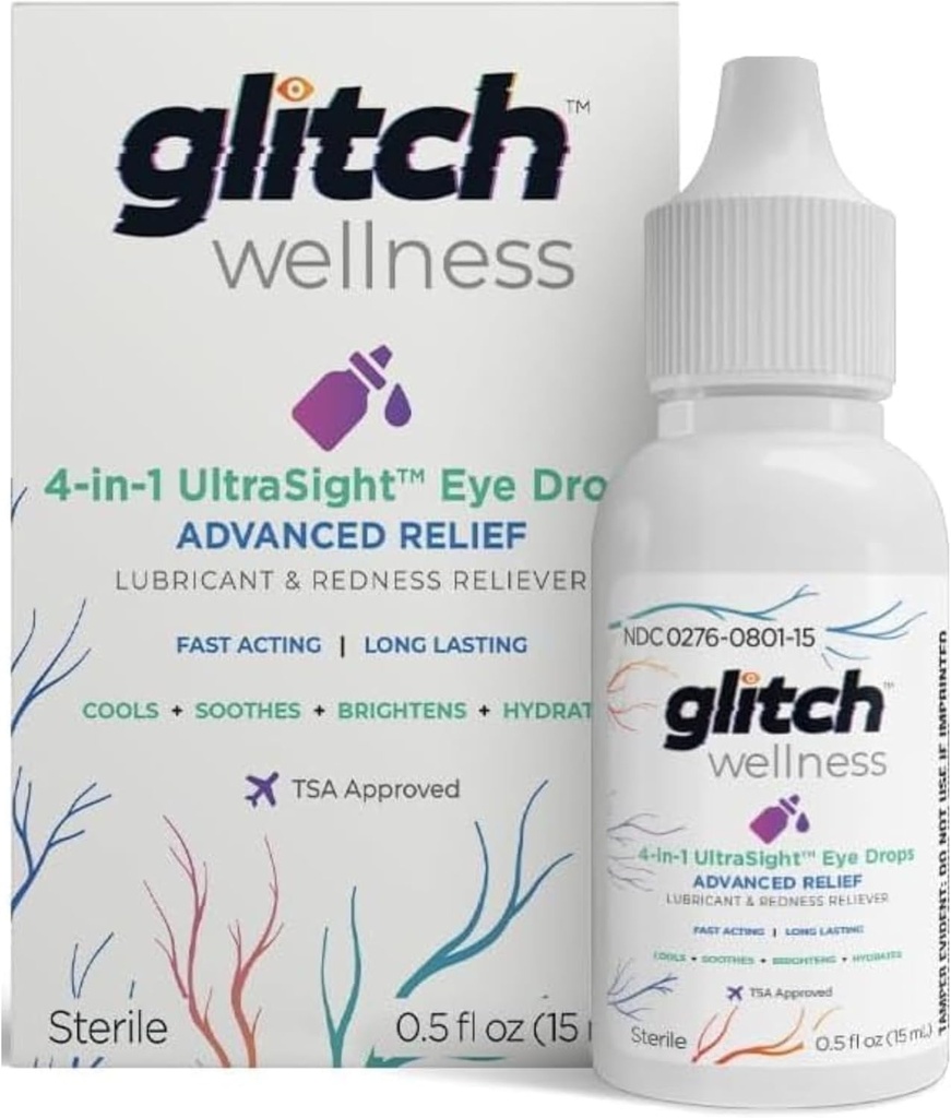 Glitch UltraSight Gocce per occhi secchi 15mL - 4 in 1 Gocce Avanzate per Occhi Secchi Rilievi - Tutto il giorno Comfort con Idratazione, Illuminazione, Raffreddamento - Efficacemente Soothes Irritation & Dryness - 0.5 Fl Oz