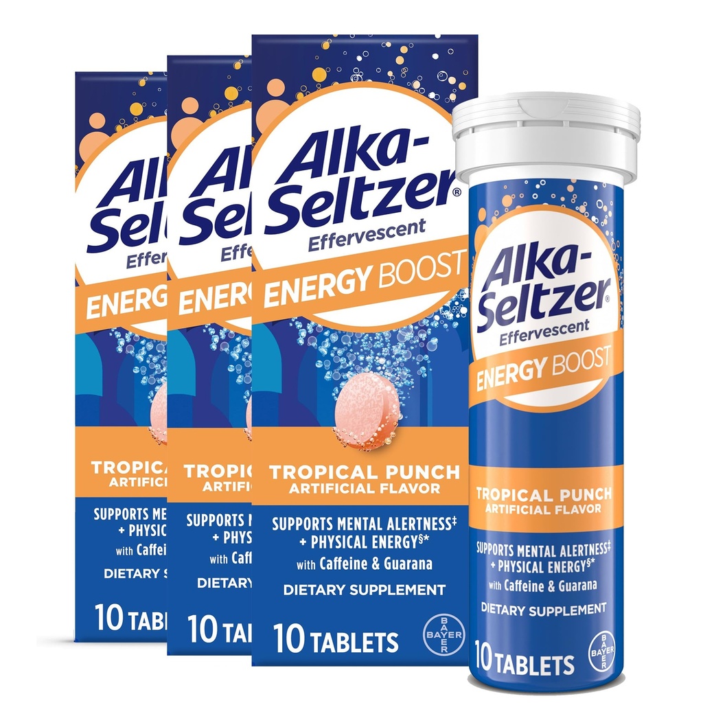 Alka-Seltzer Energy Boost: Caffeina & Guarana, B Vitamine, Supporta l'Alertness Mentale e l'Energia Fisica, Integratore Energetico Quotidiano, Compresse Fizzy, Senza Zucchero, Pugno Tropicale leggero, 30ct