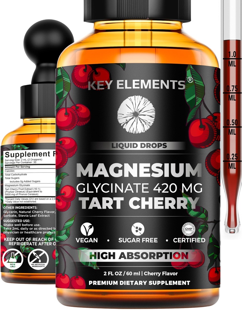 Liquido Magnesio Glycinate 420 Mg con estratto di ciliegia naturale di Tart | Magnesium Glycinate Gocce Supplemento per sonno, Mood & Mobility Support | Estratto di ciliegia di Tart