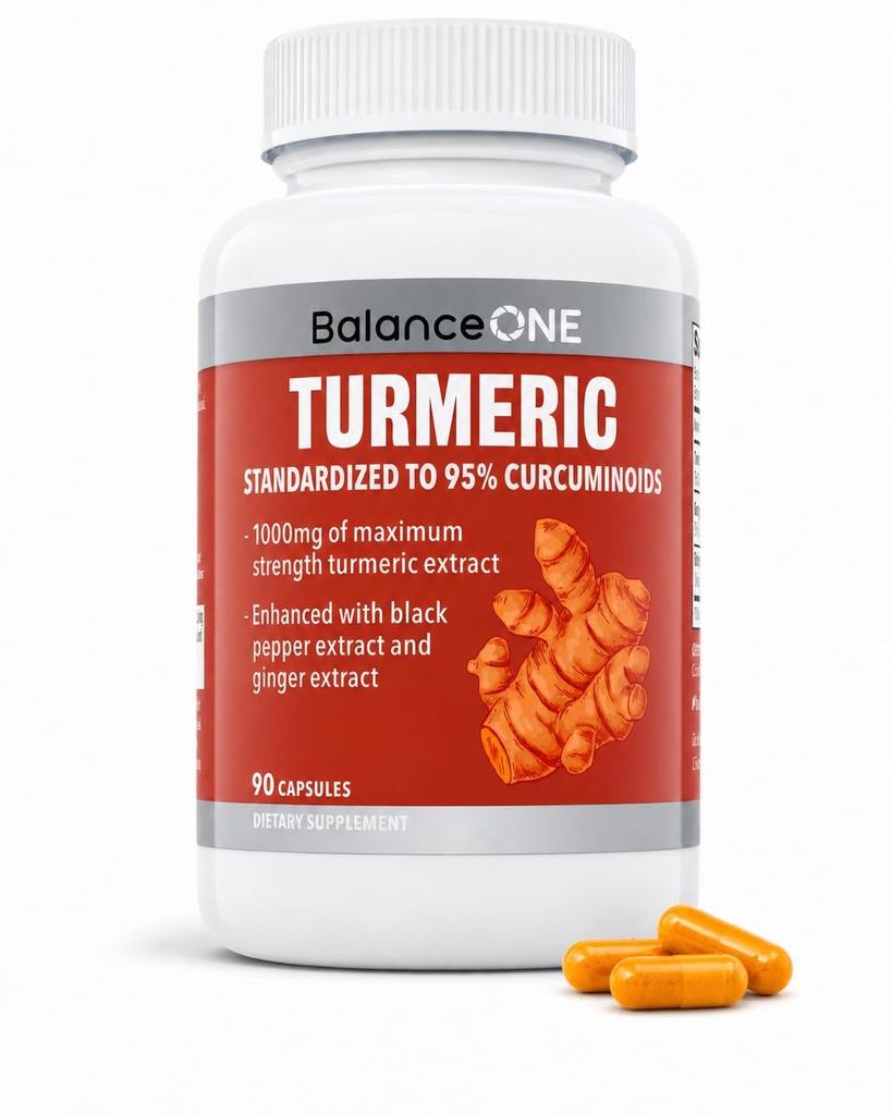 Estratto di curcuma Equilibrio 1 1000mg con max resistenza 95% Curcuminoidi - Supplemento curcuma curcuma per il comfort congiunto & supporto antiossidante - Estratto di zenzero e BioPerine - 1 mese di fornitura