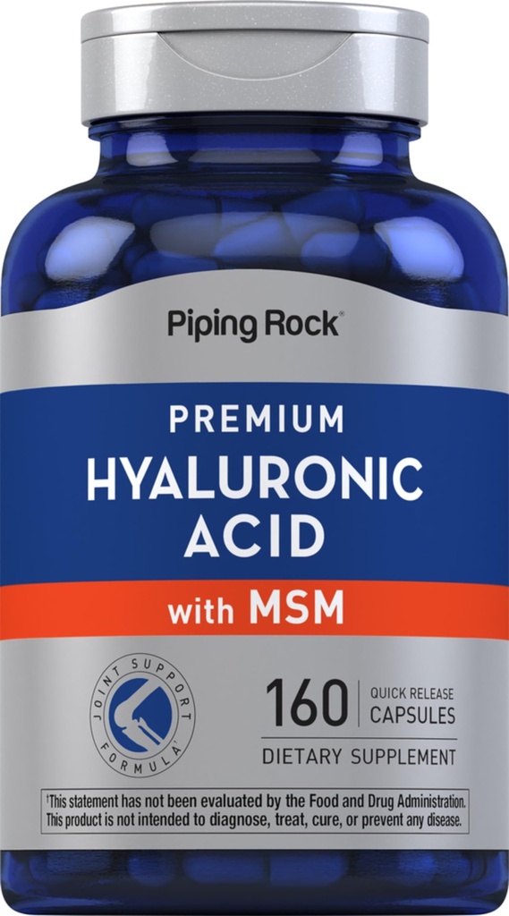 Piping Rock Hyaluronic Acid Supplemento | 100mg | 160 capsule | con MSM per donne e uomini | Non OGM, Gluten Free