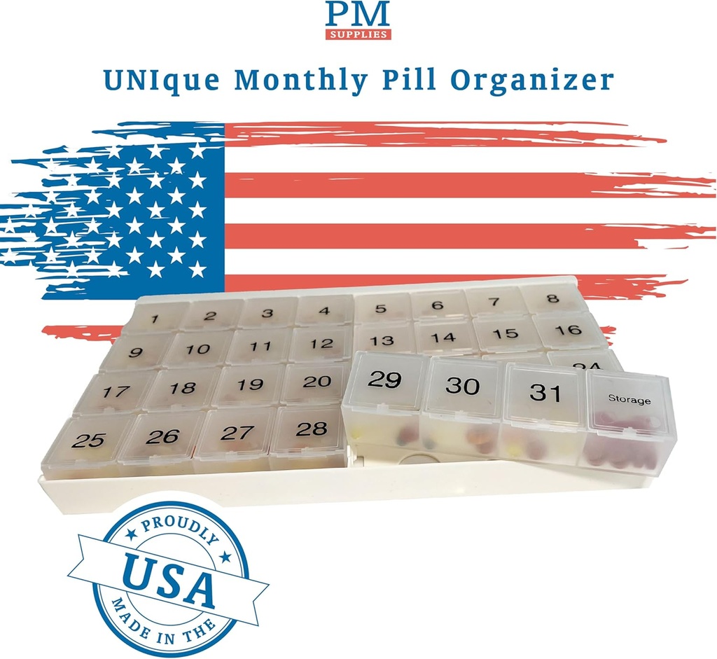 Unico XL Monthly Pill Organizer con 31 scomparti, 1 al giorno, 4 settimane Full Month 31 Day Pill Organizer, Include Vassoio e 8 scomparti Extra Large Rimovibili