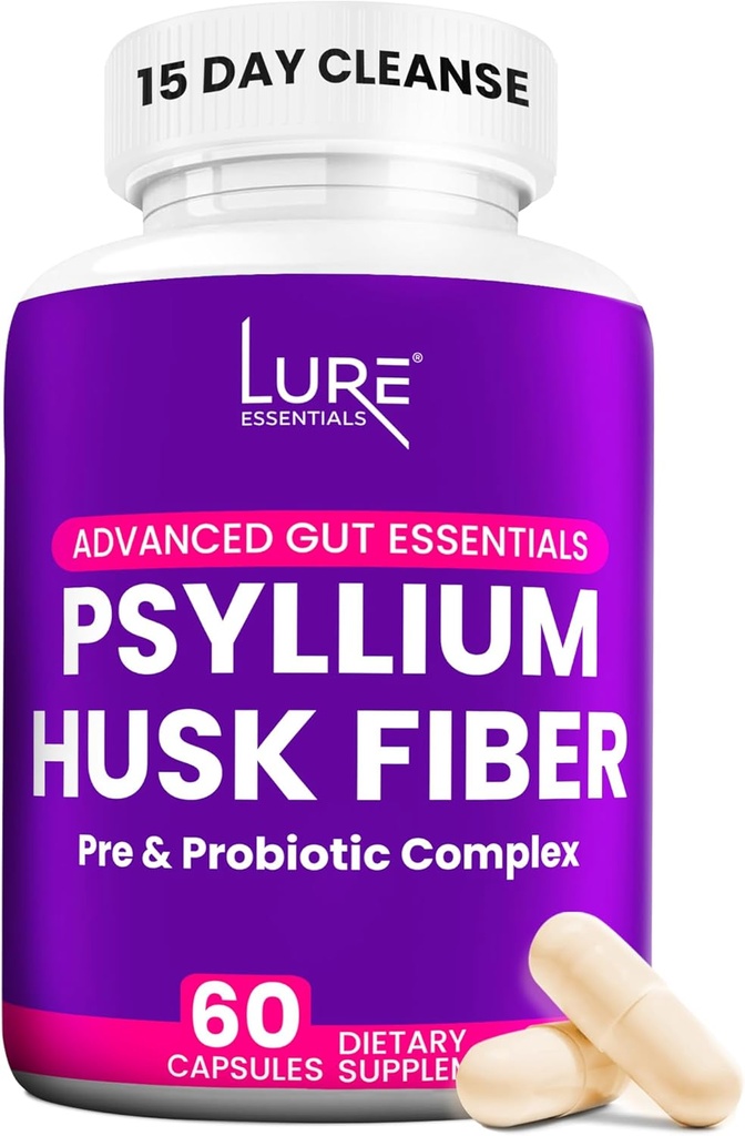 Lure Essentials Psyllium Husk Capsule per la pulizia del colon - Prebiotico e fibra probiotica