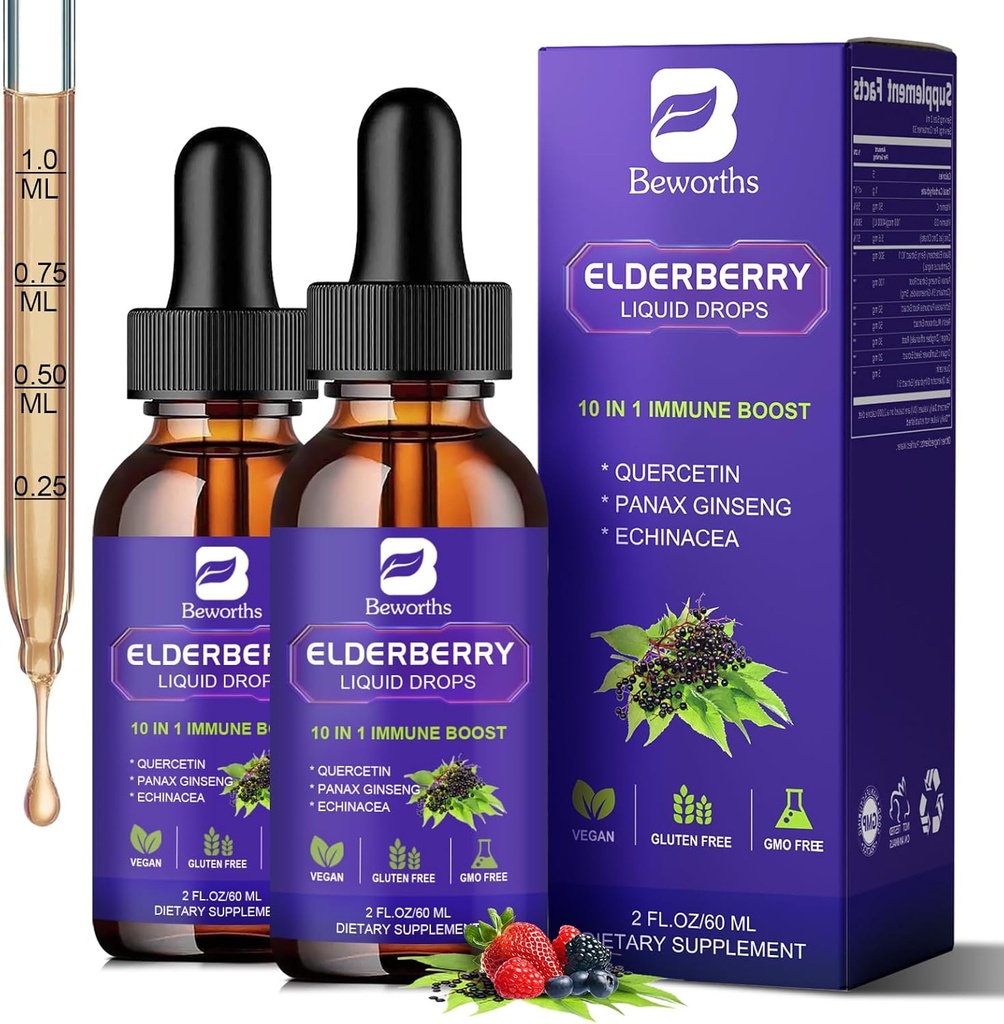 2 Pack Elderberry Syrup, Black Elderberry Drops with Quercetin, Panax Ginseng, Vitamina C e Zinc, Sambucus Elderberry Syrup Liquid per il supporto immunitario, Vegan, Non-GMO & Gluten Free