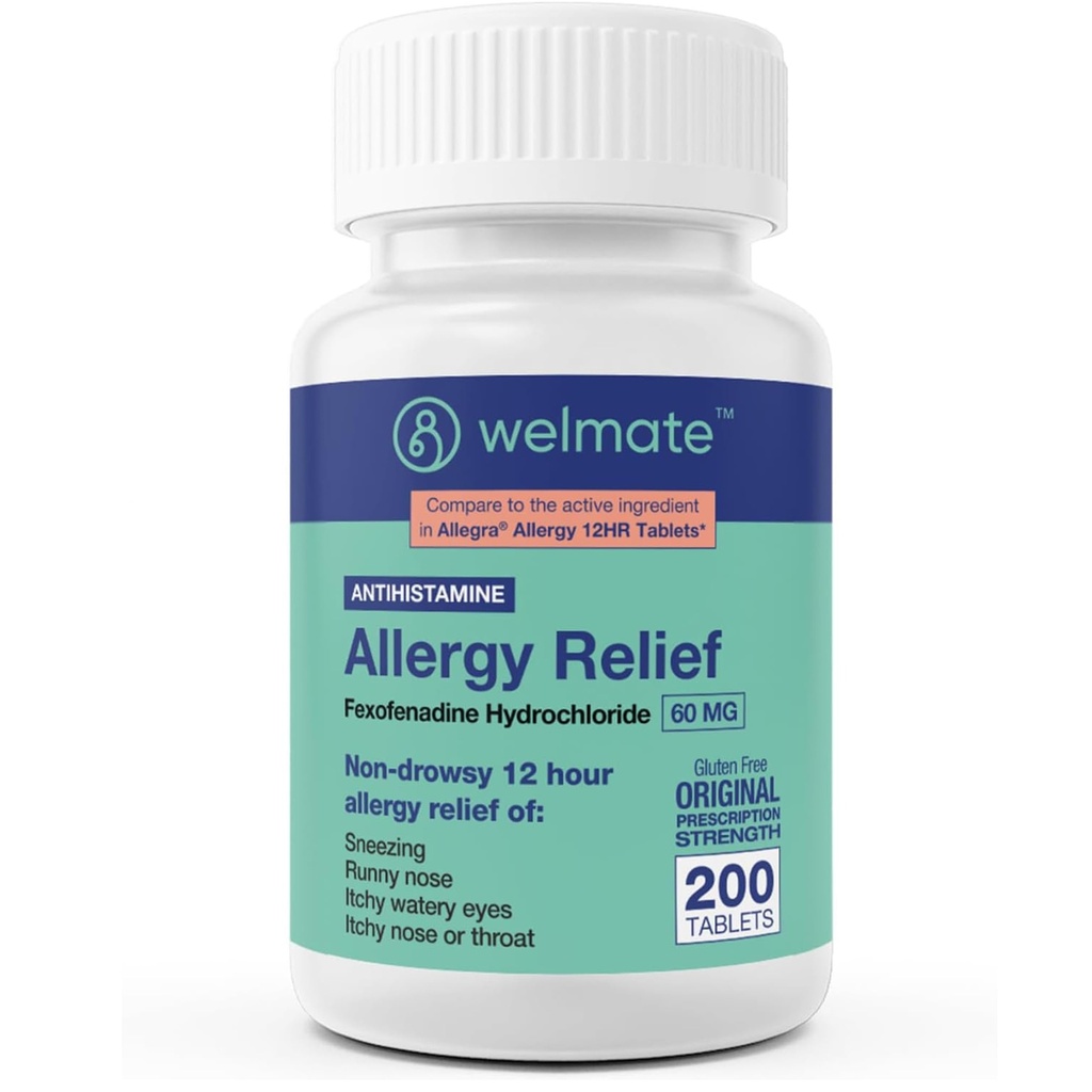 WELMATE - Allergy Relief - Fexofenadine HCl 60 mg - 12 ore Antistamina non dorsale - starnuta - Runny Nose - Itchy Eyes, Nose & Throat - Allergy Relief Tablets - 200 Conte