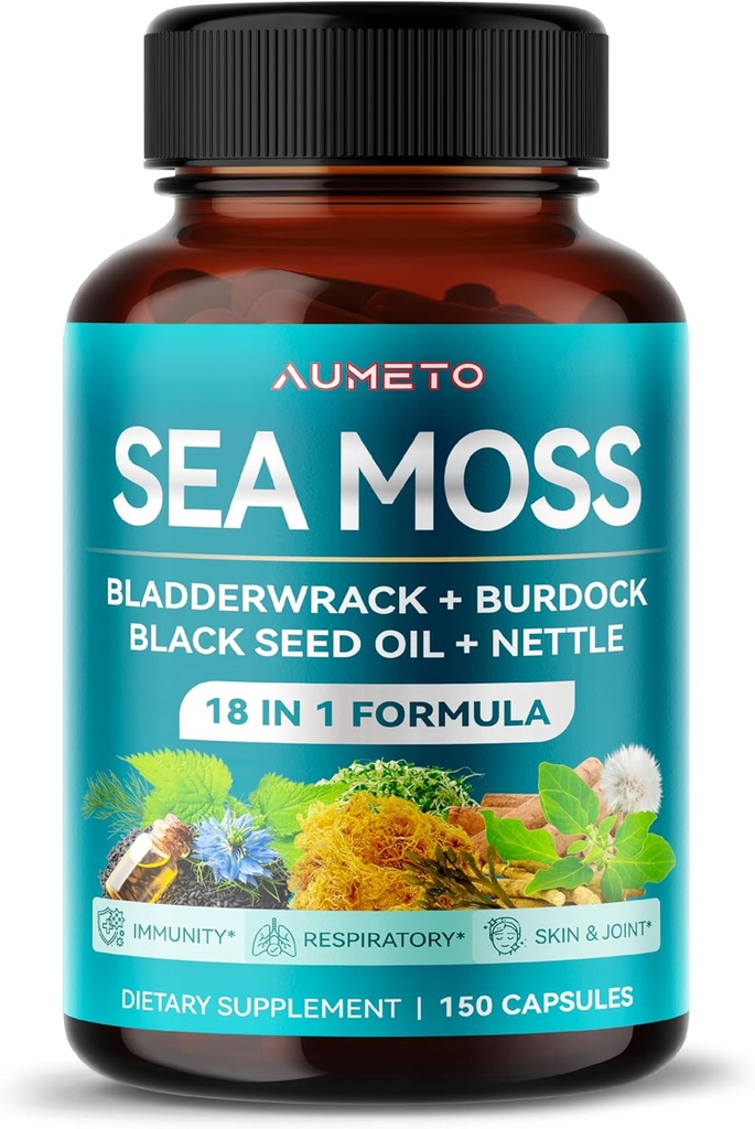 Premium Sea Moss Supplement con olio di semi neri, Ashwagandha, Bladderwrack, Nettle- Advanced 18-in-1 Formula per l'immunità Boosting, Mineral-Rich - Made in the USA (150 Count (Pack of 1))