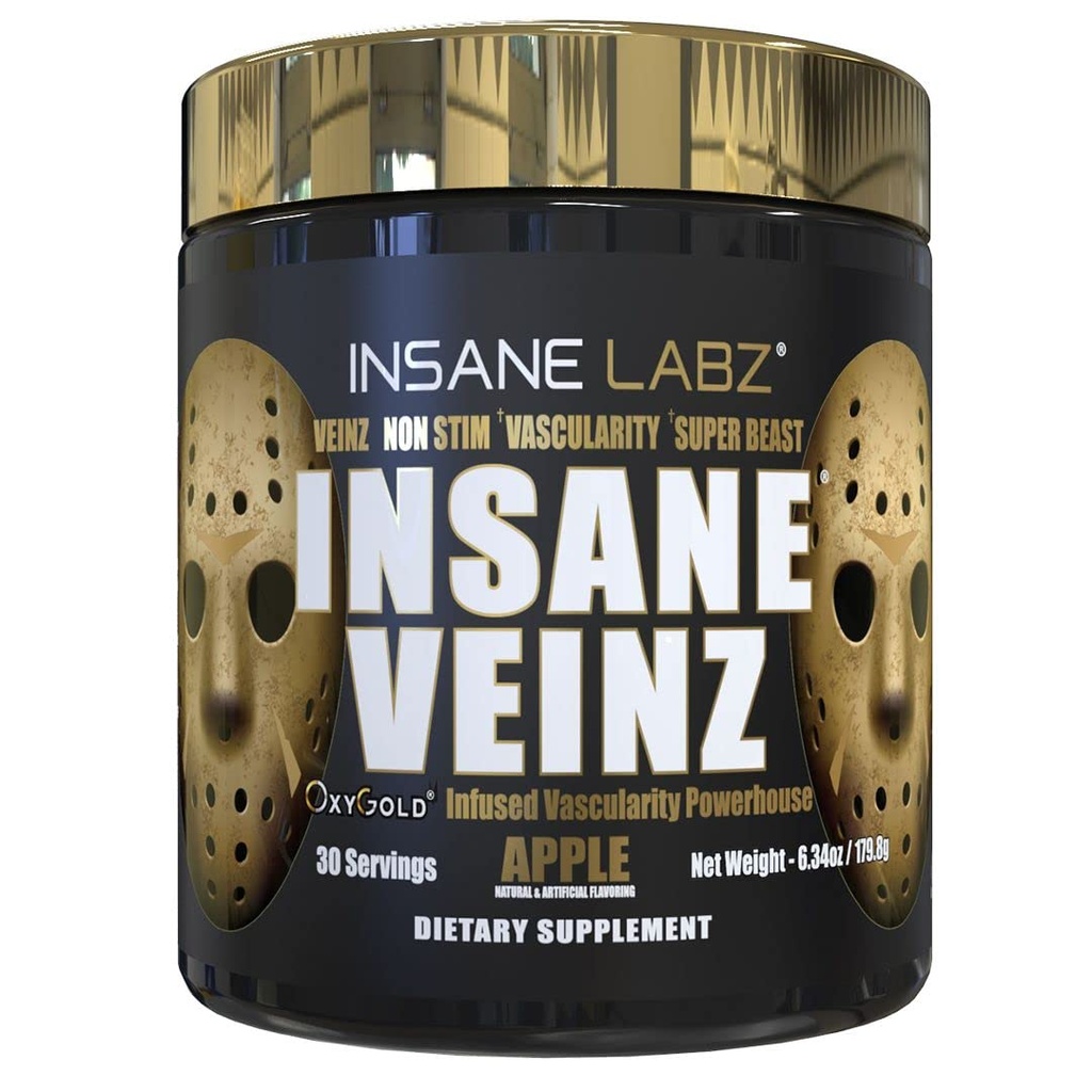 Insane Labz Insane Veinz Oro, Nitric Oxide Non Stimolant polvere di allenamento, Caricato con Hydromax, Nitrosigine, Aumenta la vascolarità e il flusso sanguigno, 30 Srvgs, Apple