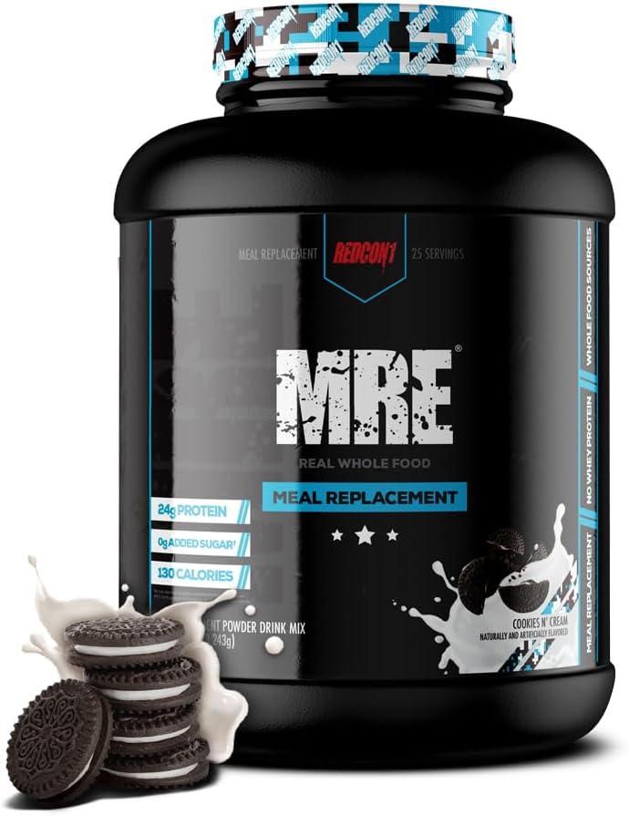 REDCON1 MRE Protein Powder, Cookies N' Cream - Miscela di proteina di sostituzione della farina realizzata con MCT Oil & Whole Foods - Proteine con ingredienti naturali per aiutare nel recupero del muscolo (25 Serve)
