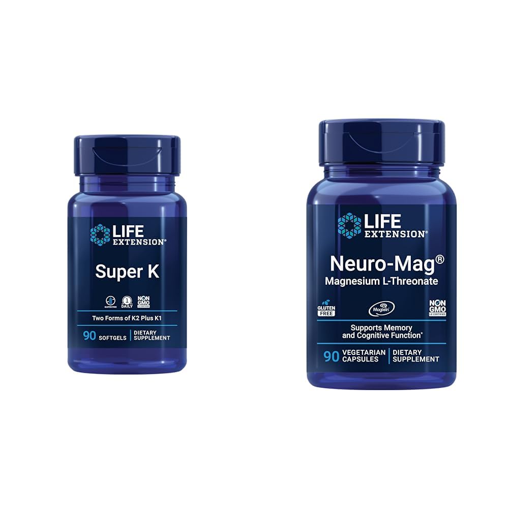 Estensione della vita Super K, Vitamina K1, Vitamina K2 mk-7, Vitamina K2 mk-4 & Neuro-mag Magnesio L-threonate, Magnesio L-threonate