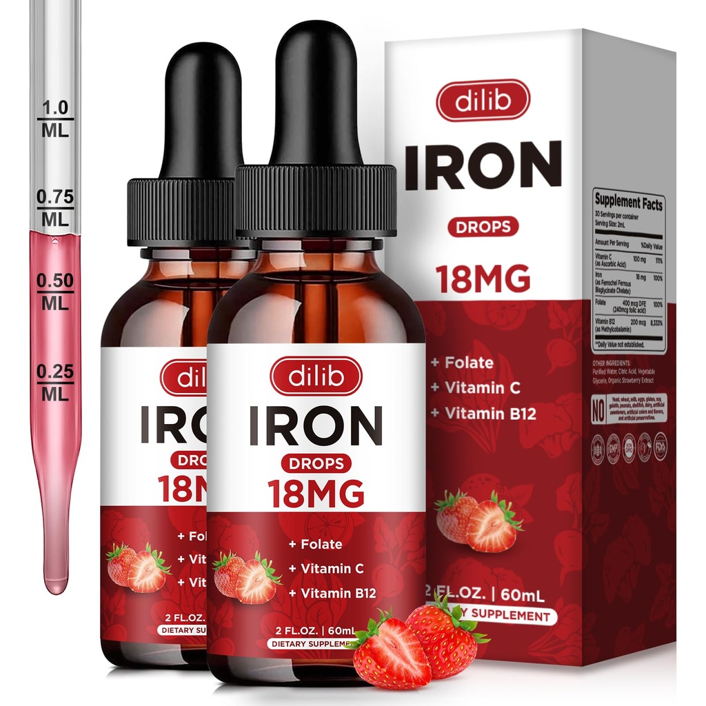 (2 Pack) Supplemento di ferro liquido per le donne & uomini Gocce di ferro Supplementi di ferro per l'anemia con Folate, vitamina C, B12 per il supporto rosso della cella del sangue-Strawberry, 4 Fl Oz