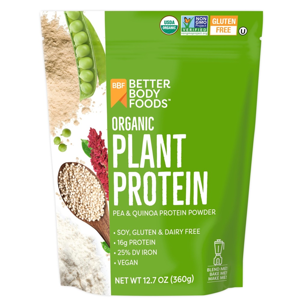 BetterBody Foods Organic Plant Based Protein Powder, 16g di Protein 24% DV, Vegan, Low Net Carbs, Gluten Free, Dairy Free, No Sugar Aggiunto, Soy Free, Non-GMO, 12.7 Ounces