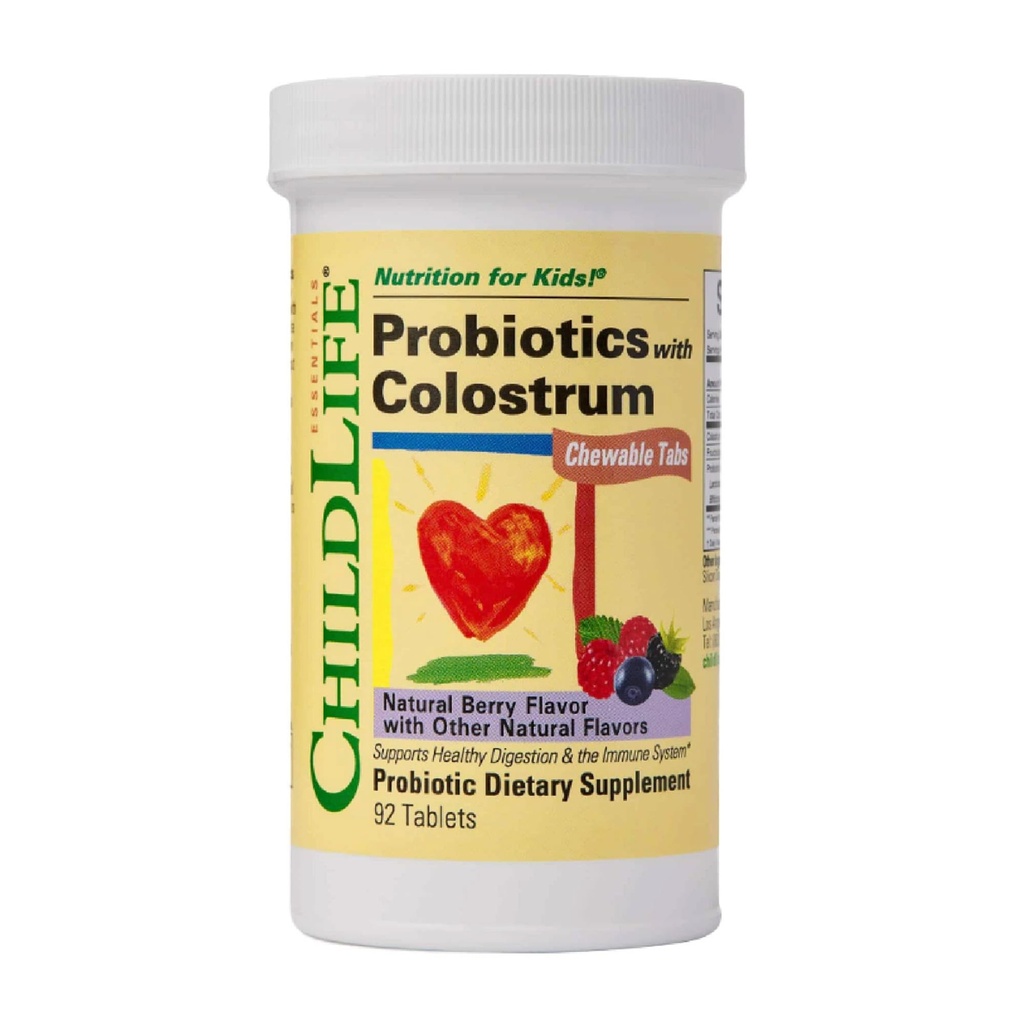 CHILDLIFE ESSENTIALS ChildBiotics with Colostrum- Probiotics for Kids, Probiotics for Digestive Health, Chewables, Children's Probiotics, Colostrum for Kids, Gluten Free - Natural Berry, 92 Tablet