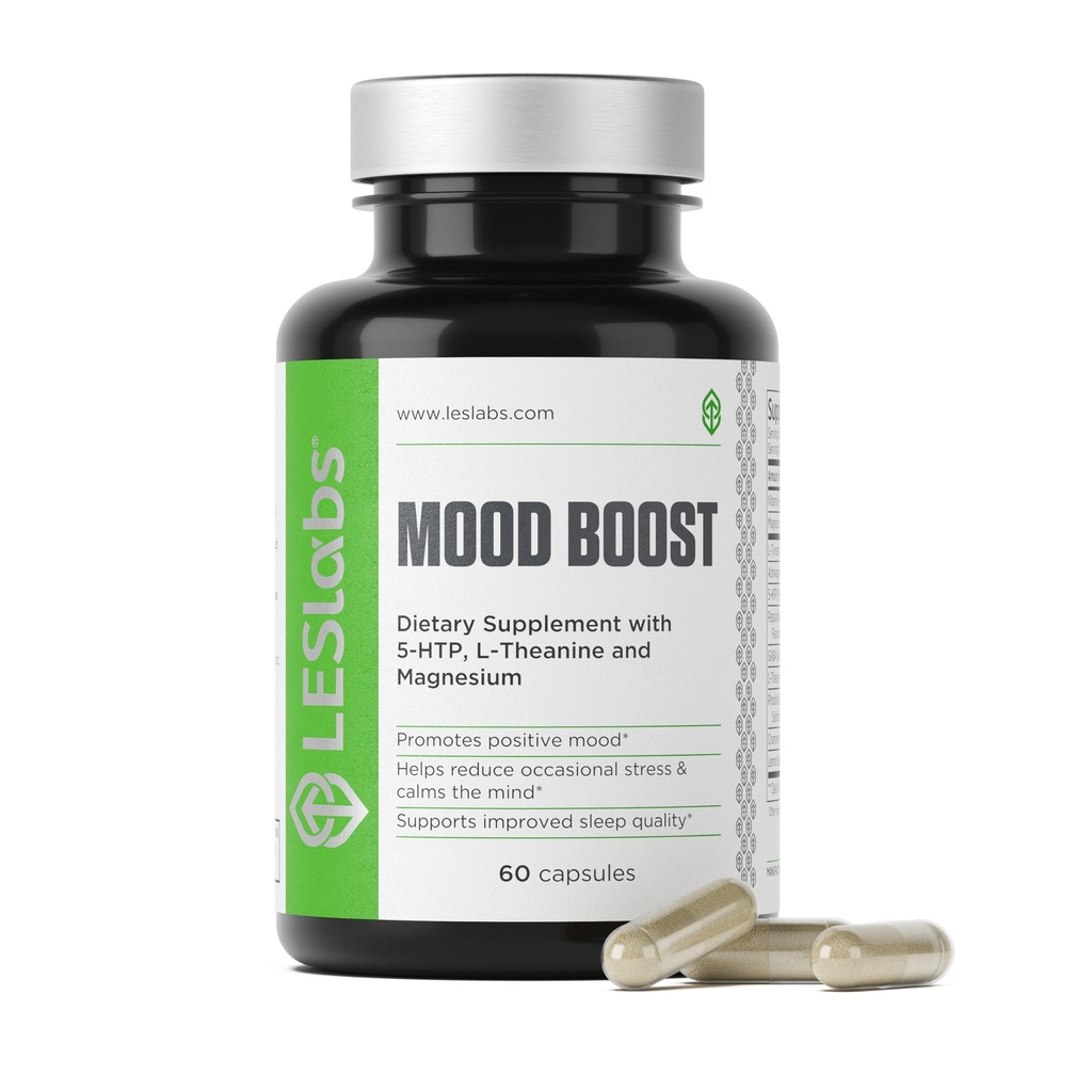 LES Labs Mood Boost – Stress Relief, Mood Support, Deep Relaxation & Better Sleep – 5-HTP, Ashwagandha, Rhodiola Rosea, Magnesium, L-Theanine & GABA – Supplemento non OGM – 60 capsule