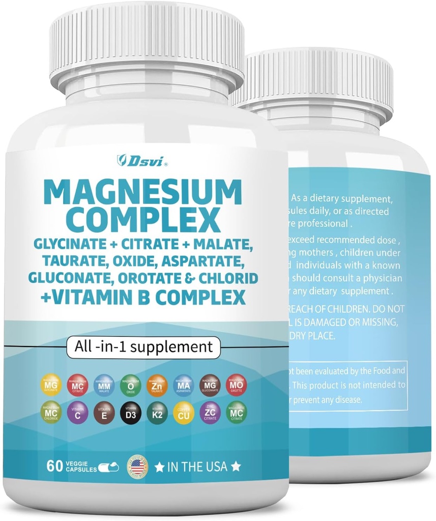 60 Count Magnesium Complex 2285mg con Magnesio Glycinate Citrato Malato Ossido Taurate Aspartate Gluconate Orotate & Mag Chloride, Zinc Copper Manganese & Vitamin C B1 B2 B6 B12 Complex USA