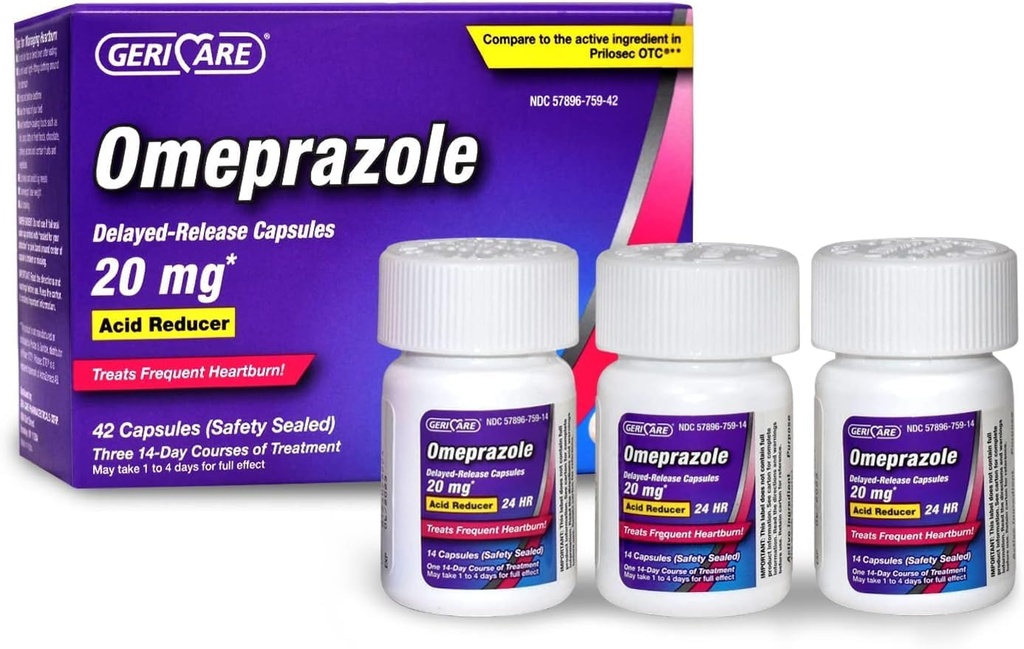GeriCare Omeprazole Delayed Release Capsules 20.6mg - Pillole di Riduttore di Acido per Rilievo di Cuocere 24 ore - Acid Reflux Medicine to Treat Frequent Heartburn (42 Count)